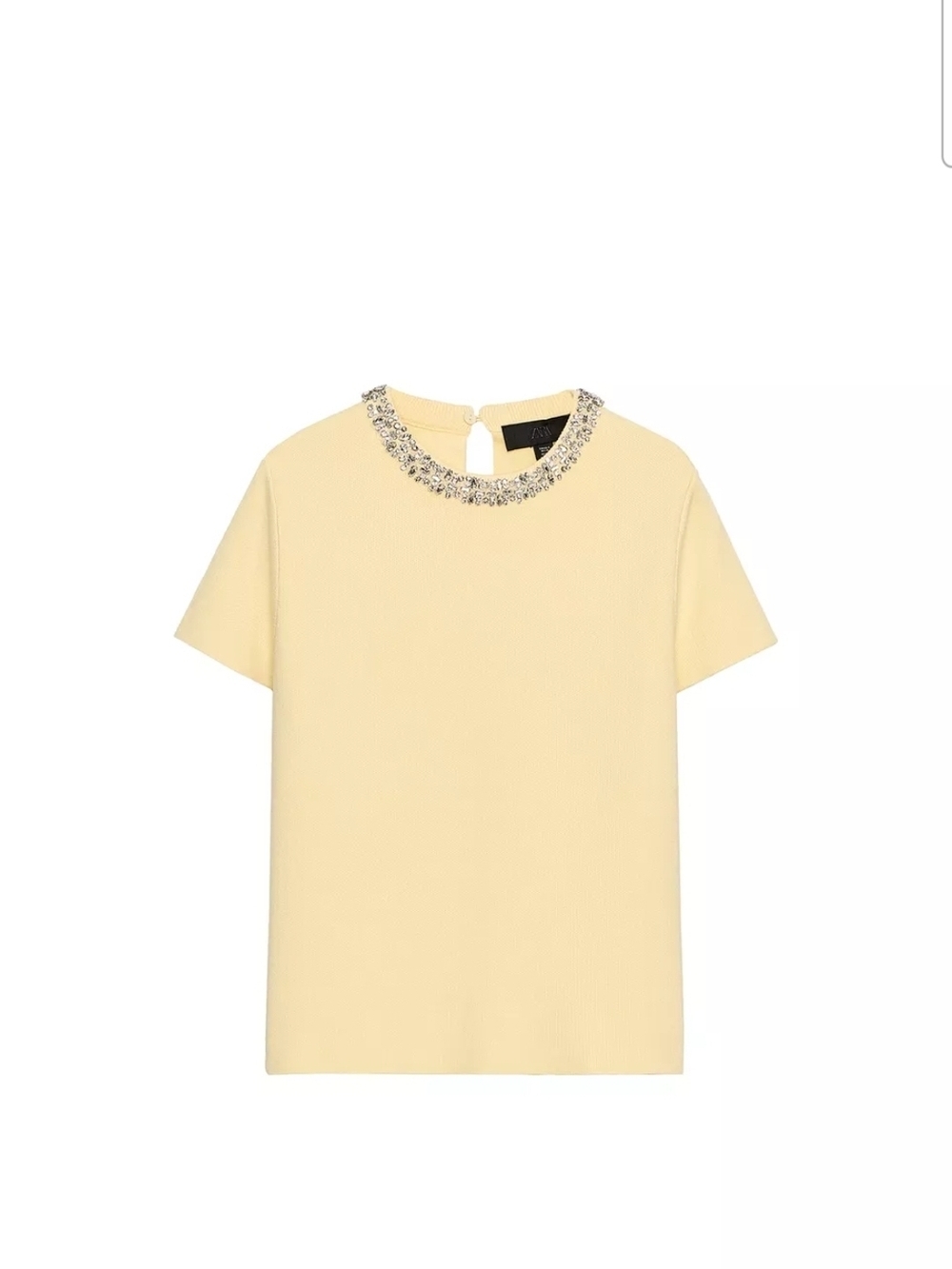 Zara Embellished Crewneck Yellow Short Sleeve Top